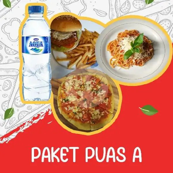 PAKET PUAS A (Pasta Al Pomodoro, Chicken Burger, Personal Margherita Pizza, Air Mineral 330ml) | Pizza Wan
