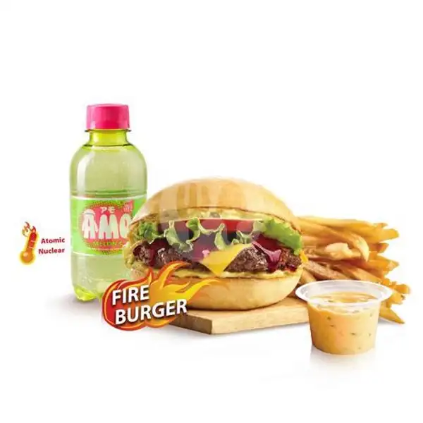Combo AMO Fries Fire Burger Beef (Atomic/Nuclear) | Richeese Factory, Utan Kayu