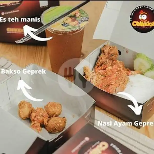 Nasi Ayam Geprek + Es Teh Manis + Bakso Geprek | Geprek Chikidot, Krendang