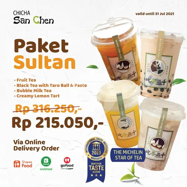 Paket Sultan (Fruit Tea + Black Tea with Taro Ball & Paste + Bubble Milk Tea + Creamy Lemon Tart) | Chicha San Chen, Grand Indonesia