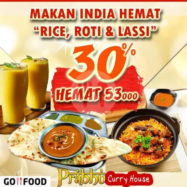 Diskon 30% Dum Rice-roti-lassi | Prabhu Curry House, Prabudimuntur